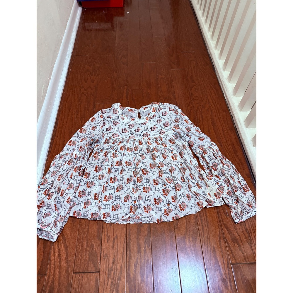 Floret Women Beaded Floral Babydoll Blouse Cream Orange Bell Sleeve Size 6